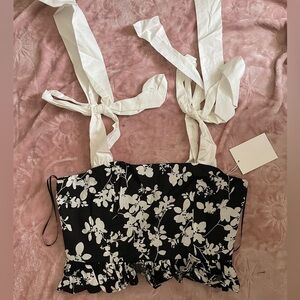 Black & White Floral Tie-Shoulder Crop Top